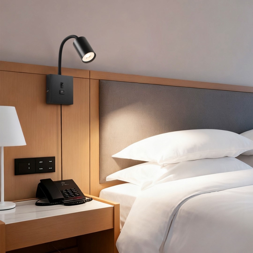 Zidna lampa sa USB PUNTO 1xGU10/9W/230V crna