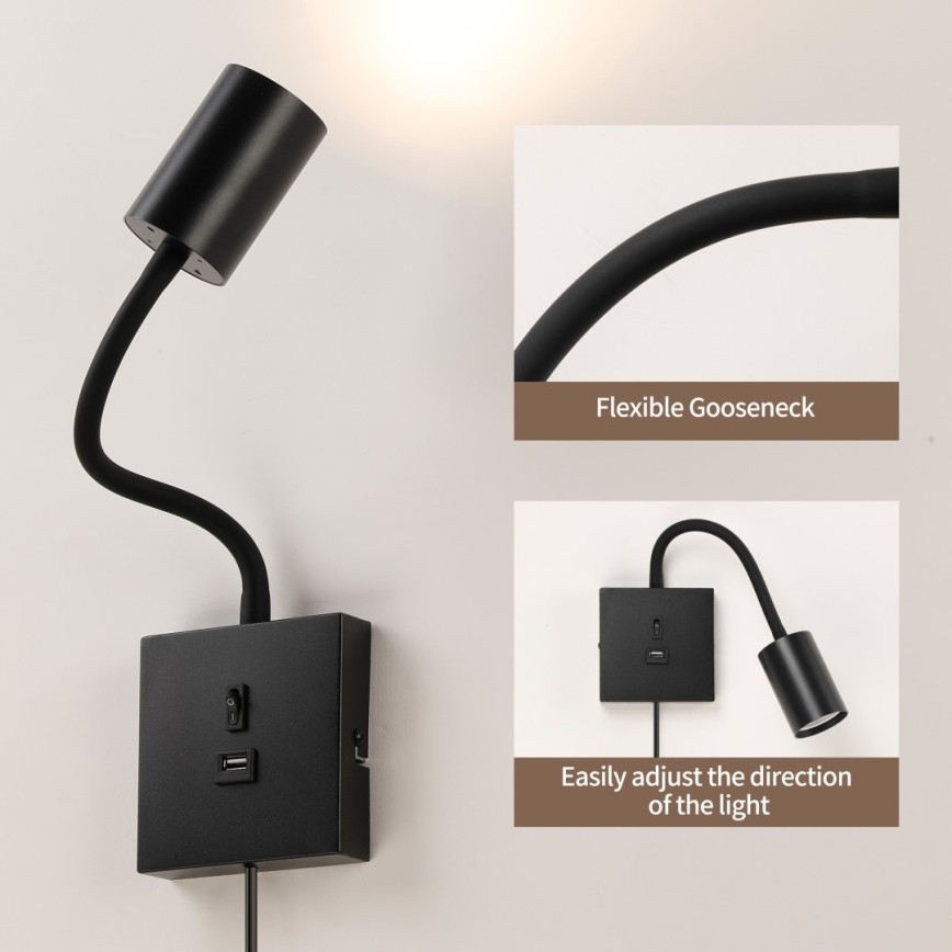Zidna lampa sa USB PUNTO 1xGU10/9W/230V crna