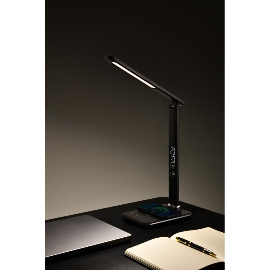 LED prigušiva stona lampa sa bežičnim punjenjem QI i USB KINGFISHER LED/8,5W/230V crna