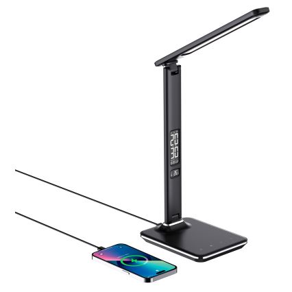 LED prigušiva stona lampa sa bežičnim punjenjem QI i USB KINGFISHER LED/8,5W/230V crna