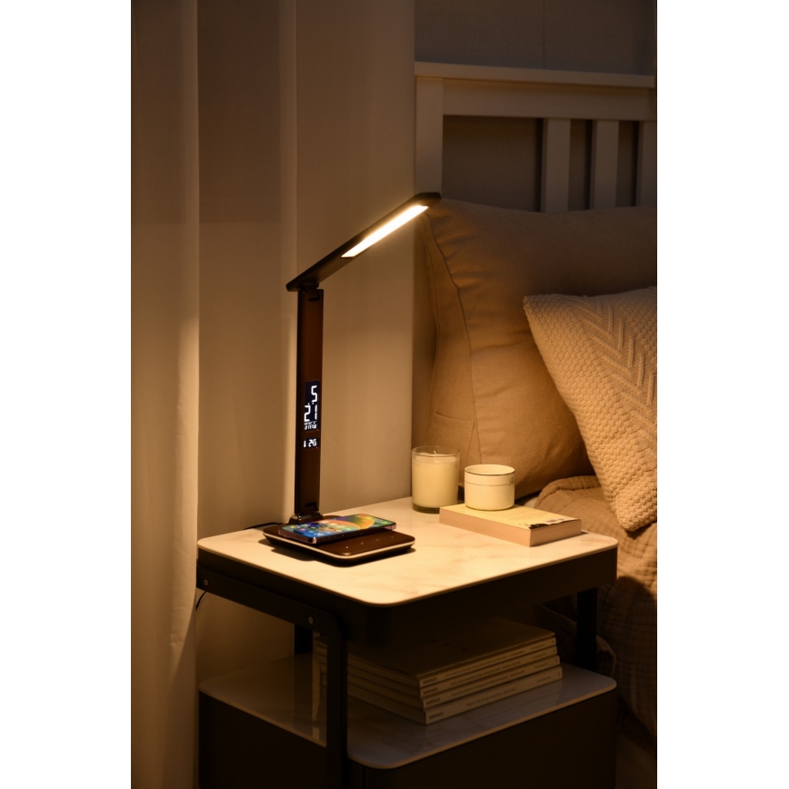 LED prigušiva stona lampa sa bežičnim QI punjenjem i USB KINGFISHER LED/8,5W/230V braon