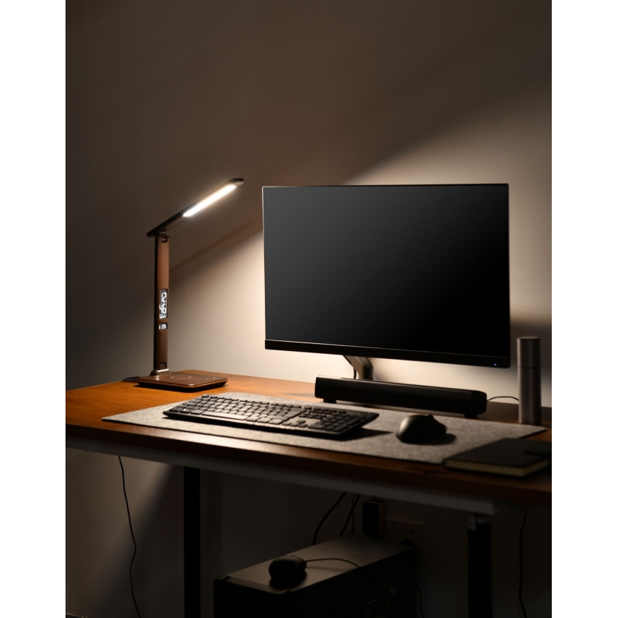 LED prigušiva stona lampa sa bežičnim QI punjenjem i USB KINGFISHER LED/8,5W/230V braon