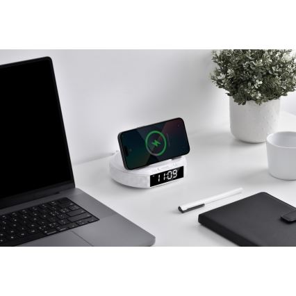 Budilnik sa LCD displejom i Qi bežičnim punjačem 27 W / 9 V, 220 mAh, beo
