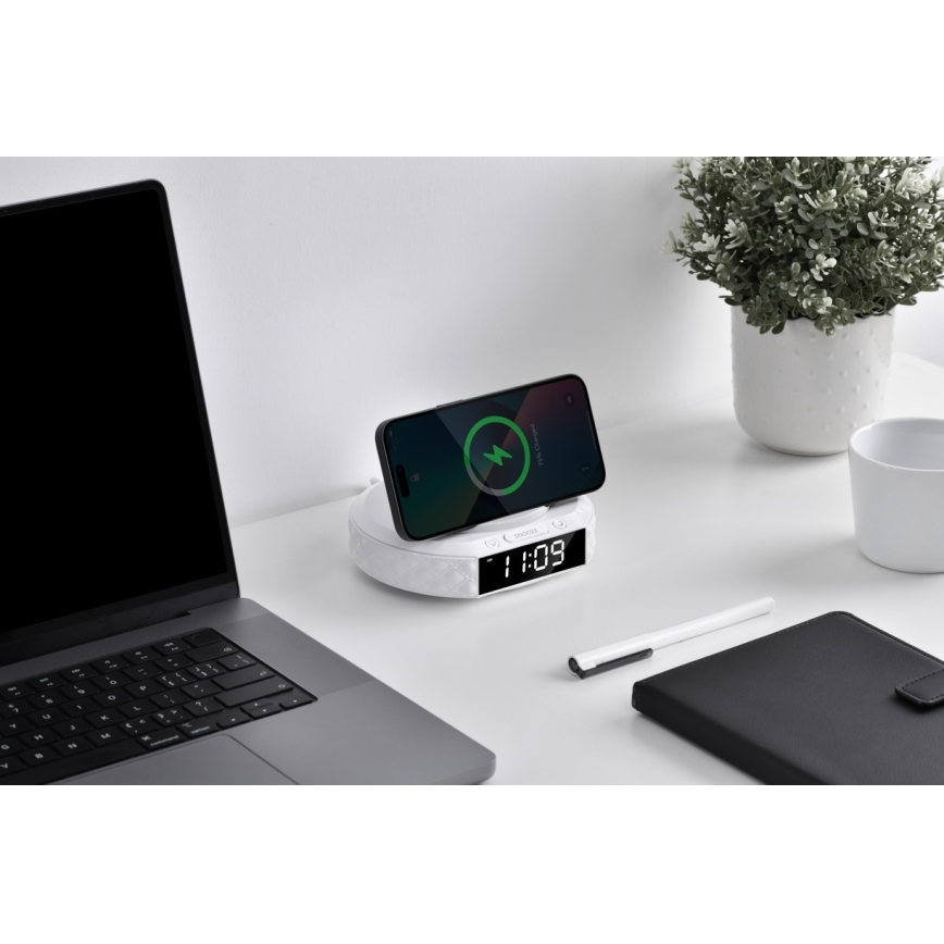 Budilnik sa LCD displejom i Qi bežičnim punjačem 27 W / 9 V, 220 mAh, beo