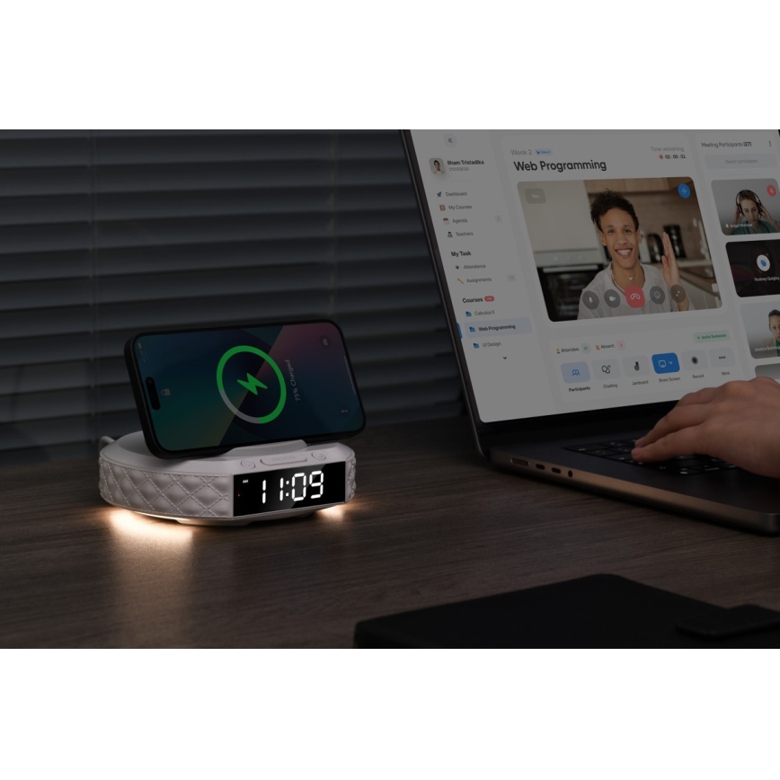 Budilnik sa LCD displejom i Qi bežičnim punjačem 27 W / 9 V, 220 mAh, beo