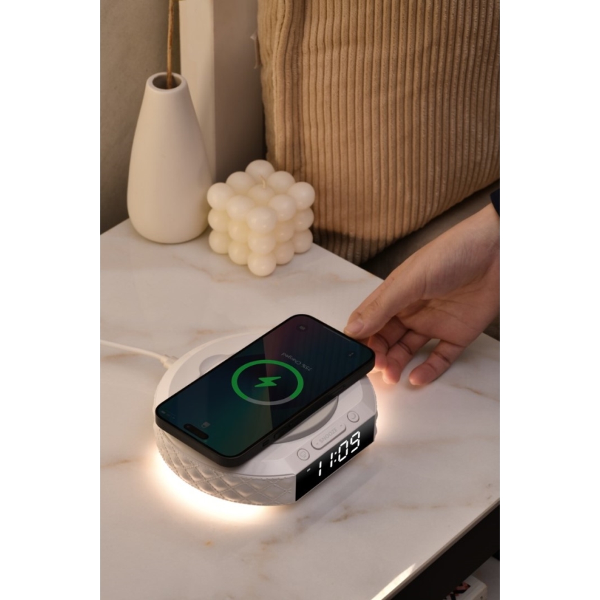 Budilnik sa LCD displejom i Qi bežičnim punjačem 27 W / 9 V, 220 mAh, beo