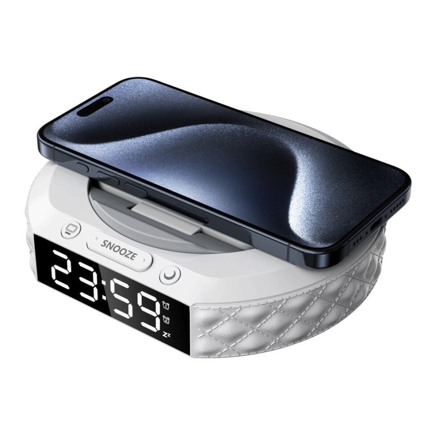 Budilnik sa LCD displejom i Qi bežičnim punjačem 27 W / 9 V, 220 mAh, beo