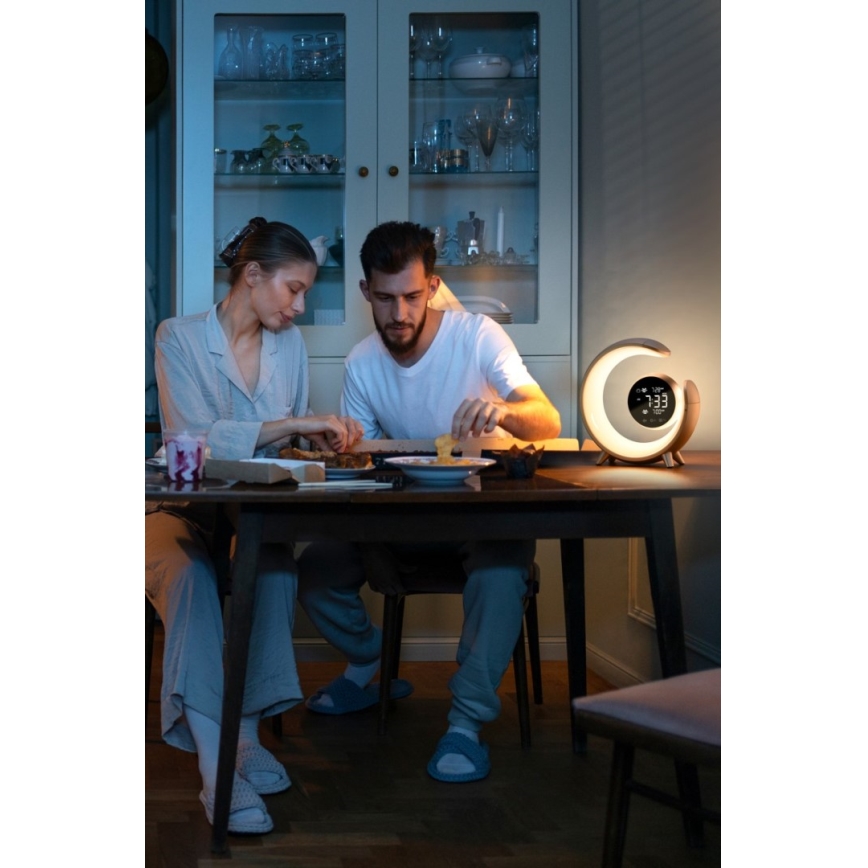 LED RGBW prigušiva stona lampa sa budilnikom LED/20W/5V USB srebrna