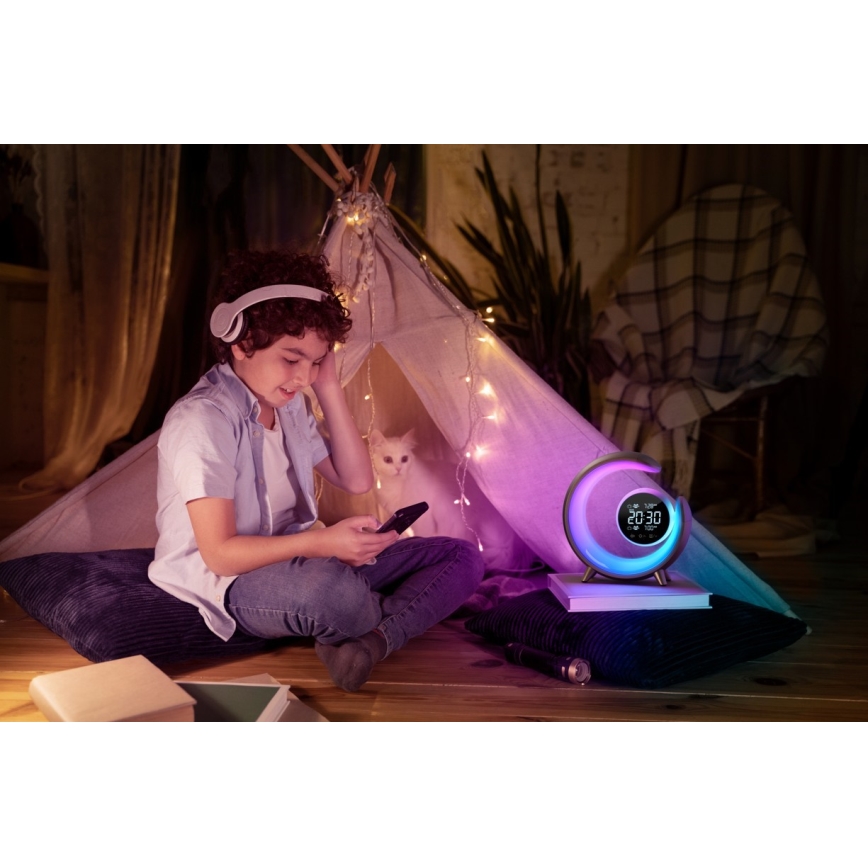LED RGBW prigušiva stona lampa sa budilnikom LED/20W/5V USB srebrna