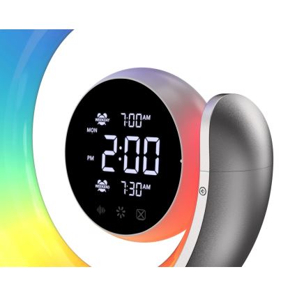 LED RGBW prigušiva stona lampa sa budilnikom LED/20W/5V USB srebrna