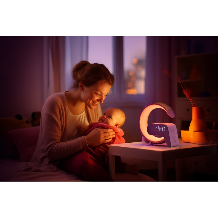 LED RGB prigušiva stona lampa sa budilnikom i Qi bežičnim punjenjem 30W/230V zlatna
