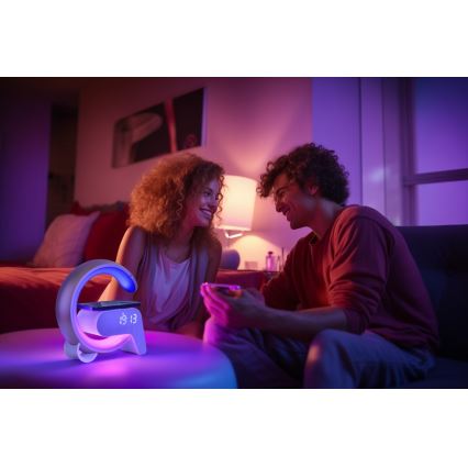 LED RGB prigušiva stona lampa sa budilnikom i Qi bežičnim punjenjem 30W/230V zlatna