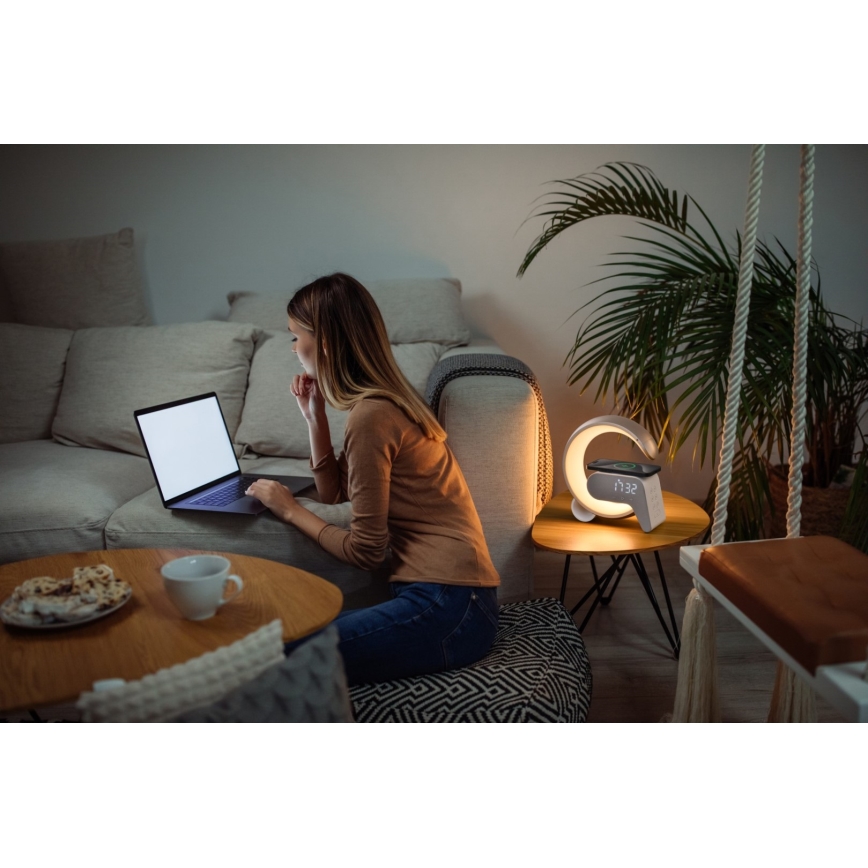 LED RGB prigušiva stona lampa sa budilnikom i Qi bežičnim punjenjem 30W/230V zlatna