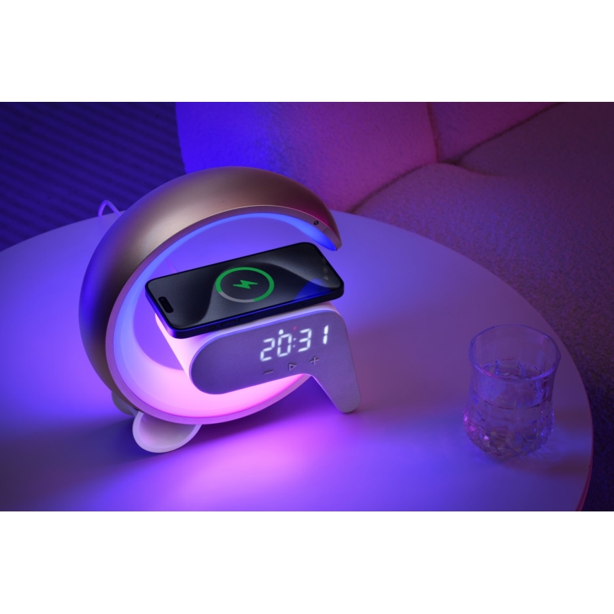 LED RGB prigušiva stona lampa sa budilnikom i Qi bežičnim punjenjem 30W/230V zlatna