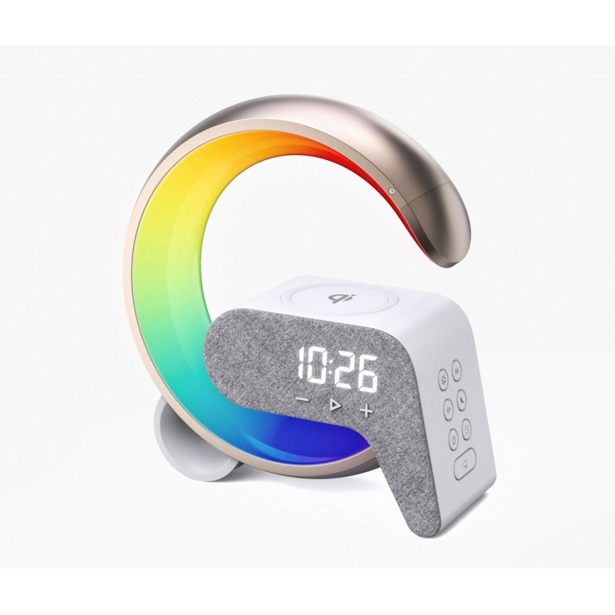 LED RGB prigušiva stona lampa sa budilnikom i Qi bežičnim punjenjem 30W/230V zlatna