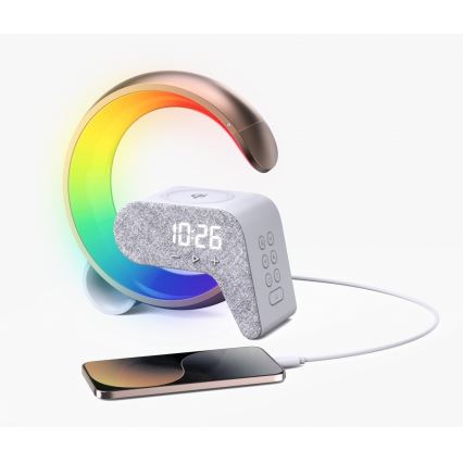 LED RGB prigušiva stona lampa sa budilnikom i Qi bežičnim punjenjem 30W/230V zlatna