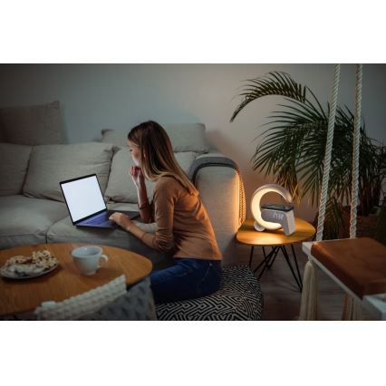 LED RGB prigušiva stona lampa sa budilnikom i Qi punjenjem 30W/230V srebrna