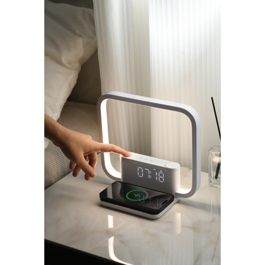 LED prigušiva stona lampa sa budilnikom i Qi bežičnim punjenjem LED/18W/230V bela