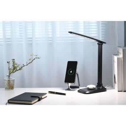 LED prigušiva stona lampa sa bežičnim QI punjenjem i USB priključkom LUMI LED/7W/230V, crna