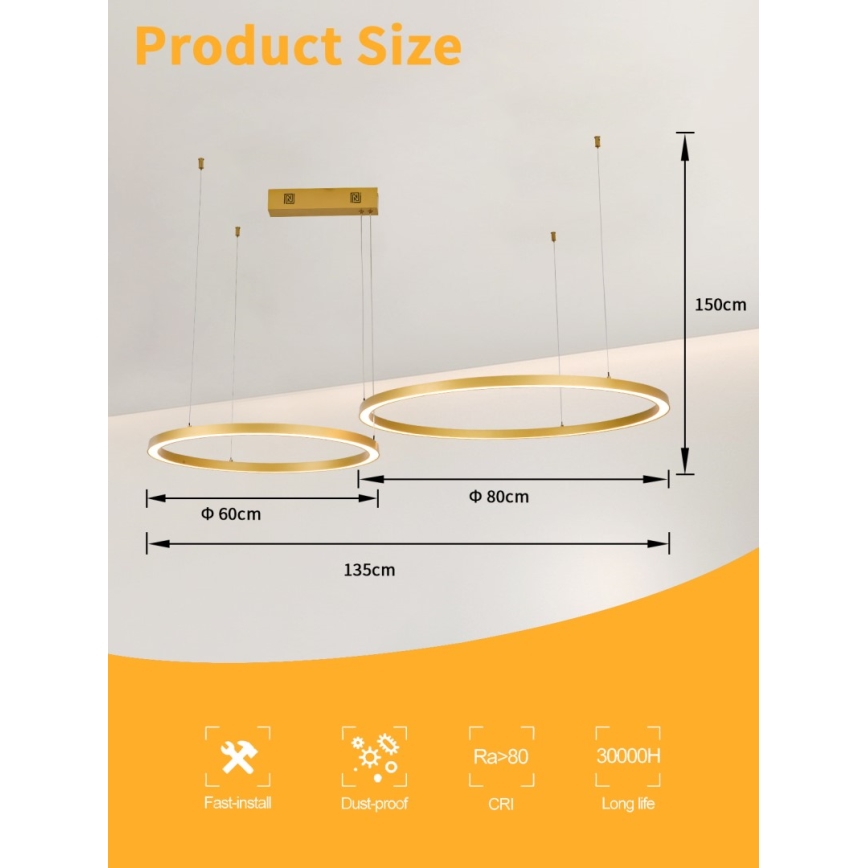 Immax NEO 07218L - LED prigušiva luster na sajli FINO LED/93W/230V 60/80cm zlatna Tuya + daljinski upravljač