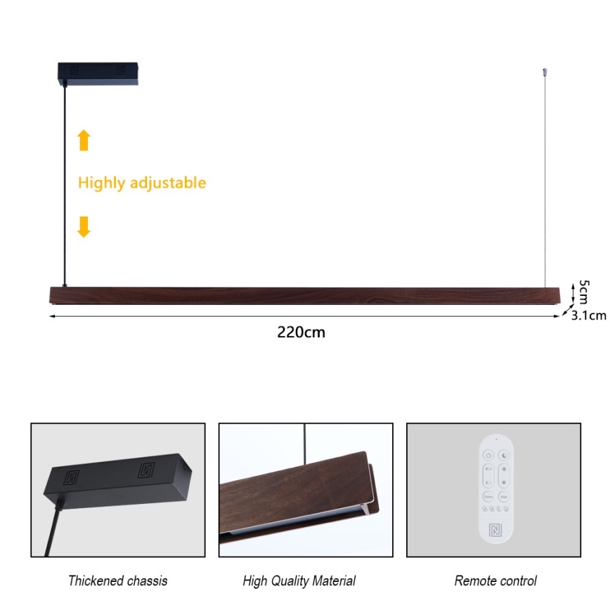 Immax NEO 07302L - LED prigušiva luster na sajli MADEIRA LED/44W/230V Wi-Fi Tuya 202 cm orah + daljinski upravljač