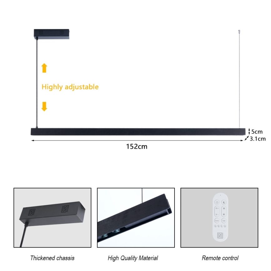 Immax NEO 07307L - LED luster na sajli MADEIRA, prigušiva, LED/33W/230V Wi‑Fi Tuya 152 cm crna + daljinski upravljač