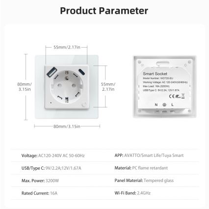 Immax NEO 07544L - Pametna utičnica E 16A/230V + 1x USB-A + 1x USB-C PD 20W Tuya Wi-Fi
