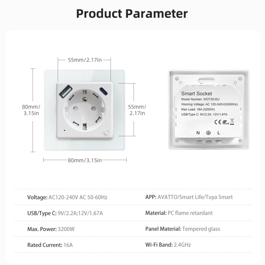 Immax NEO 07544L - Pametna utičnica E 16A/230V + 1x USB-A + 1x USB-C PD 20W Tuya Wi-Fi