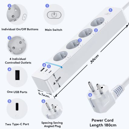 Immax NEO 07821L - Pametni produžni kabl NEO LITE 4x AC utičnice + 1x USB + 2x USB‑C Tuya Wi‑Fi