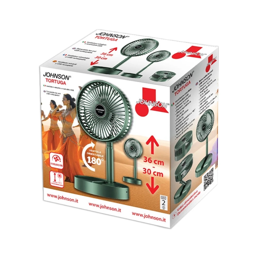 JOHNSON - Punjivi stoni ventilator TORTUGA 5W/3,7V 1200 mAh prečnik 16,5 cm zeleni