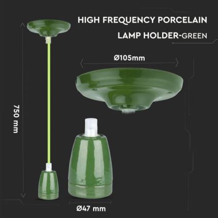 Kabl za napajanje 1xE27/60W/230V zeleni/porcelan
