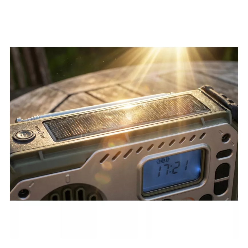 Kamperski radio sa kurblom, solarnim panelom i LED baterijskom svetiljkom sa funkcijom powerbanke 5V/3xAAA/2000 mAh IPX4 zelena