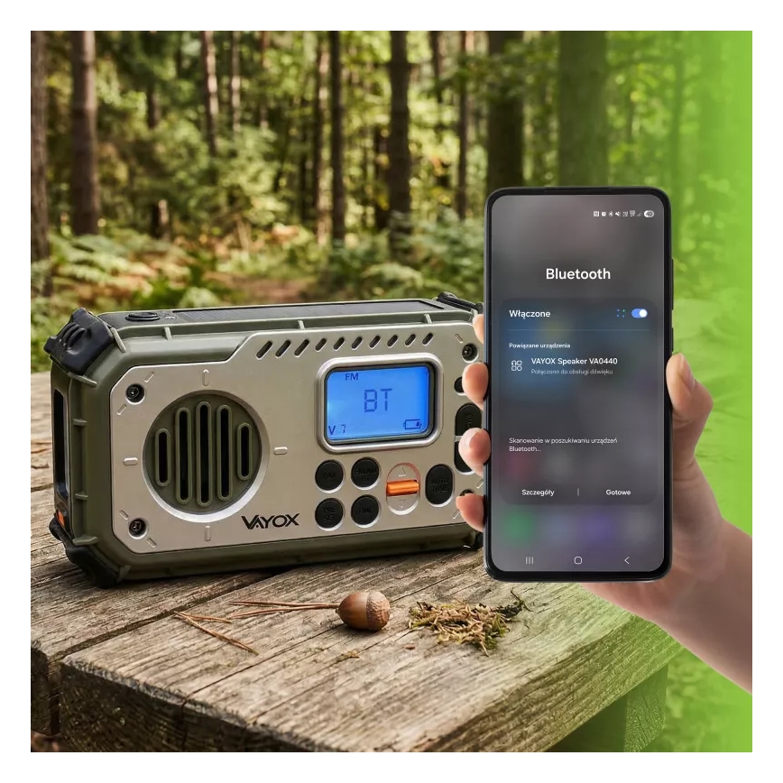 Kamperski radio sa kurblom, solarnim panelom i LED baterijskom svetiljkom sa funkcijom powerbanke 5V/3xAAA/2000 mAh IPX4 zelena