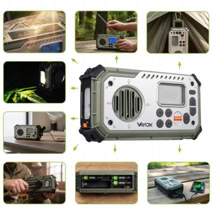 Kamperski radio sa kurblom, solarnim panelom i LED baterijskom svetiljkom sa funkcijom powerbanke 5V/3xAAA/2000 mAh IPX4 zelena