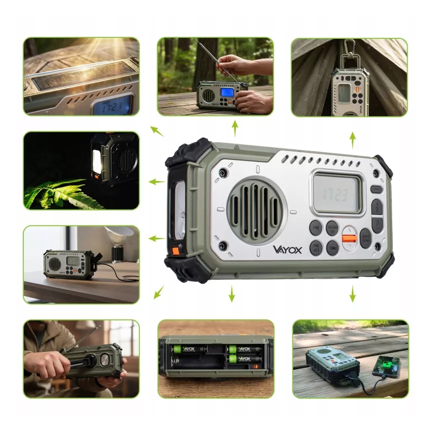 Kamperski radio sa kurblom, solarnim panelom i LED baterijskom svetiljkom sa funkcijom powerbanke 5V/3xAAA/2000 mAh IPX4 zelena