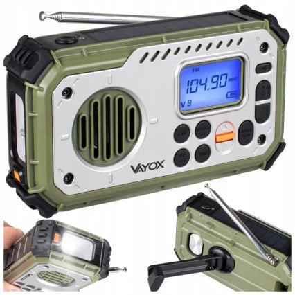 Kamperski radio sa kurblom, solarnim panelom i LED baterijskom svetiljkom sa funkcijom powerbanke 5V/3xAAA/2000 mAh IPX4 zelena
