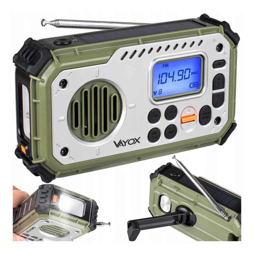 Kamperski radio sa kurblom, solarnim panelom i LED baterijskom svetiljkom sa funkcijom powerbanke 5V/3xAAA/2000 mAh IPX4 zelena