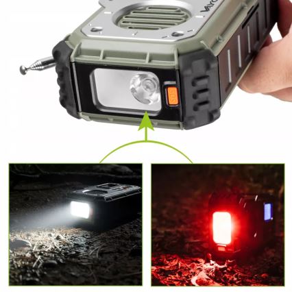 Kamperski radio sa kurblom, solarnim panelom i LED baterijskom svetiljkom sa funkcijom powerbanke 5V/3xAAA/2000 mAh IPX4 zelena