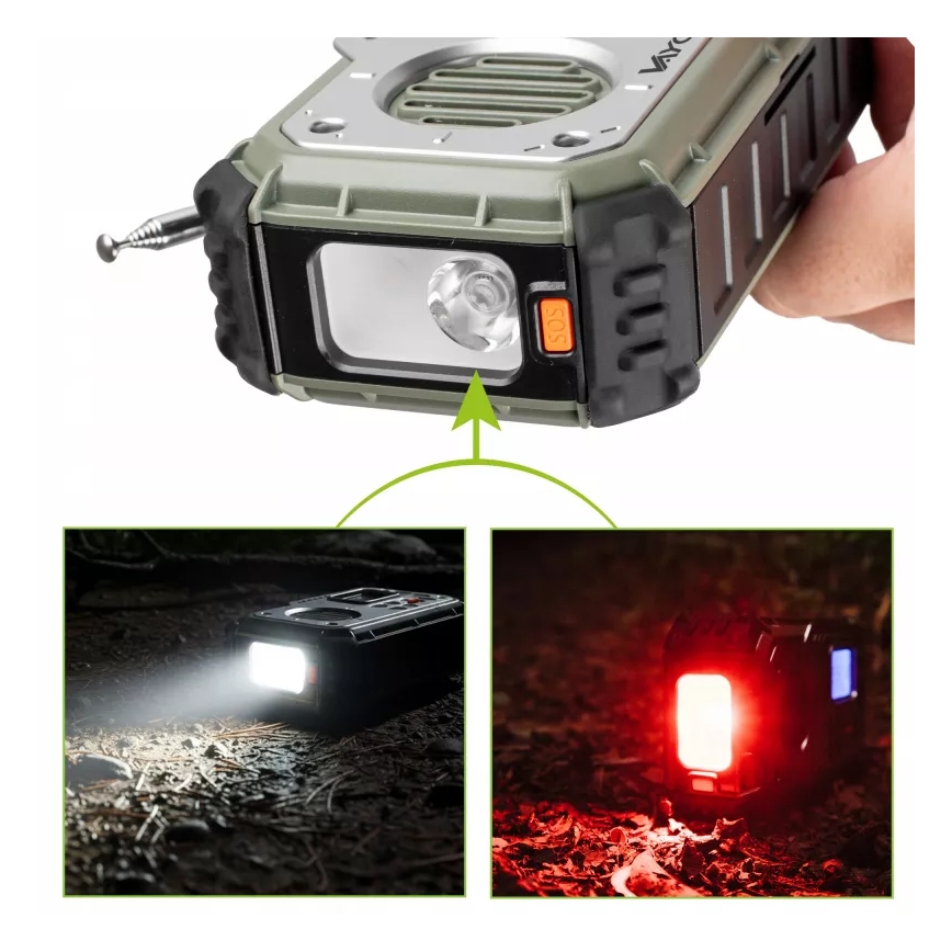 Kamperski radio sa kurblom, solarnim panelom i LED baterijskom svetiljkom sa funkcijom powerbanke 5V/3xAAA/2000 mAh IPX4 zelena