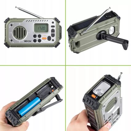 Kamperski radio sa kurblom, solarnim panelom i LED baterijskom svetiljkom sa funkcijom powerbanke 5V/3xAAA/2000 mAh IPX4 zelena