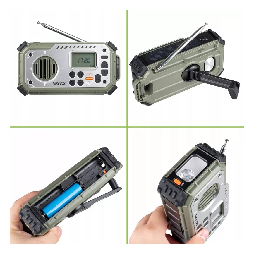 Kamperski radio sa kurblom, solarnim panelom i LED baterijskom svetiljkom sa funkcijom powerbanke 5V/3xAAA/2000 mAh IPX4 zelena
