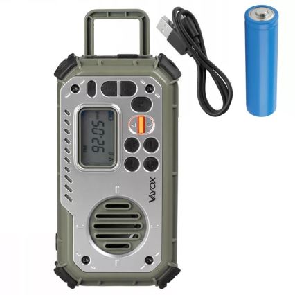 Kamperski radio sa kurblom, solarnim panelom i LED baterijskom svetiljkom sa funkcijom powerbanke 5V/3xAAA/2000 mAh IPX4 zelena