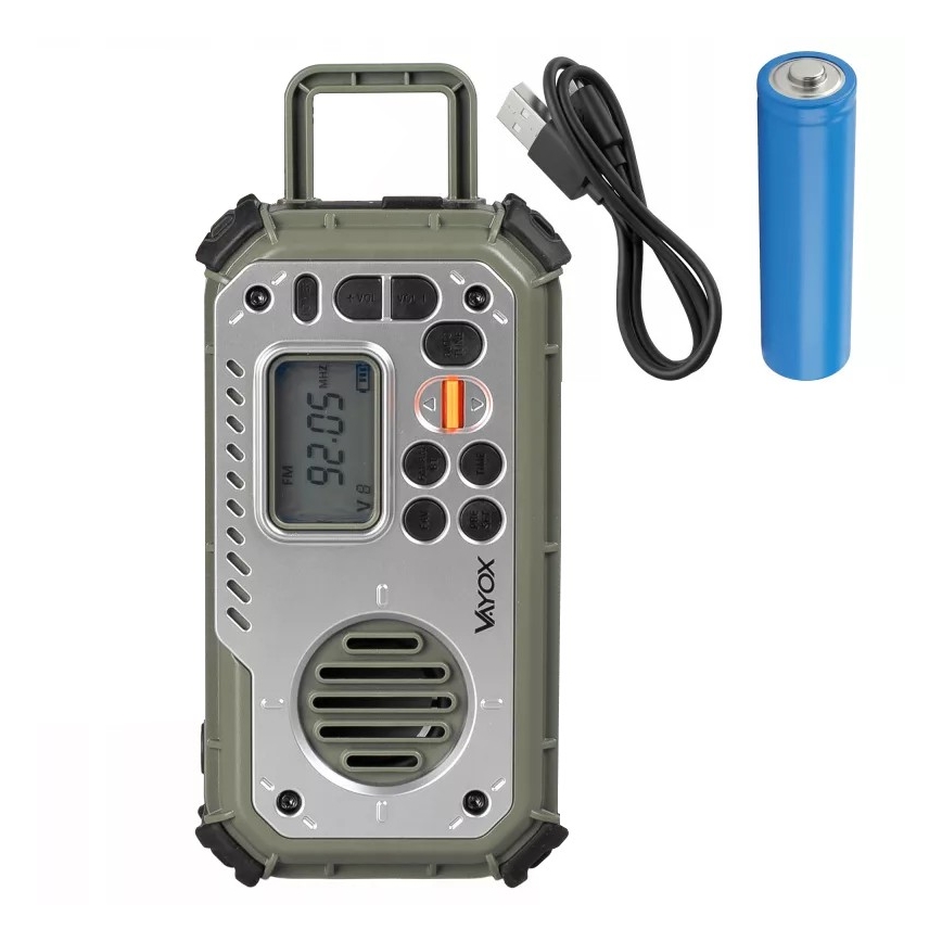 Kamperski radio sa kurblom, solarnim panelom i LED baterijskom svetiljkom sa funkcijom powerbanke 5V/3xAAA/2000 mAh IPX4 zelena