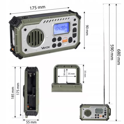 Kamperski radio sa kurblom, solarnim panelom i LED baterijskom svetiljkom sa funkcijom powerbanke 5V/3xAAA/2000 mAh IPX4 zelena