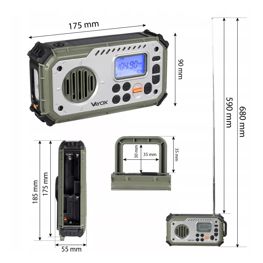 Kamperski radio sa kurblom, solarnim panelom i LED baterijskom svetiljkom sa funkcijom powerbanke 5V/3xAAA/2000 mAh IPX4 zelena