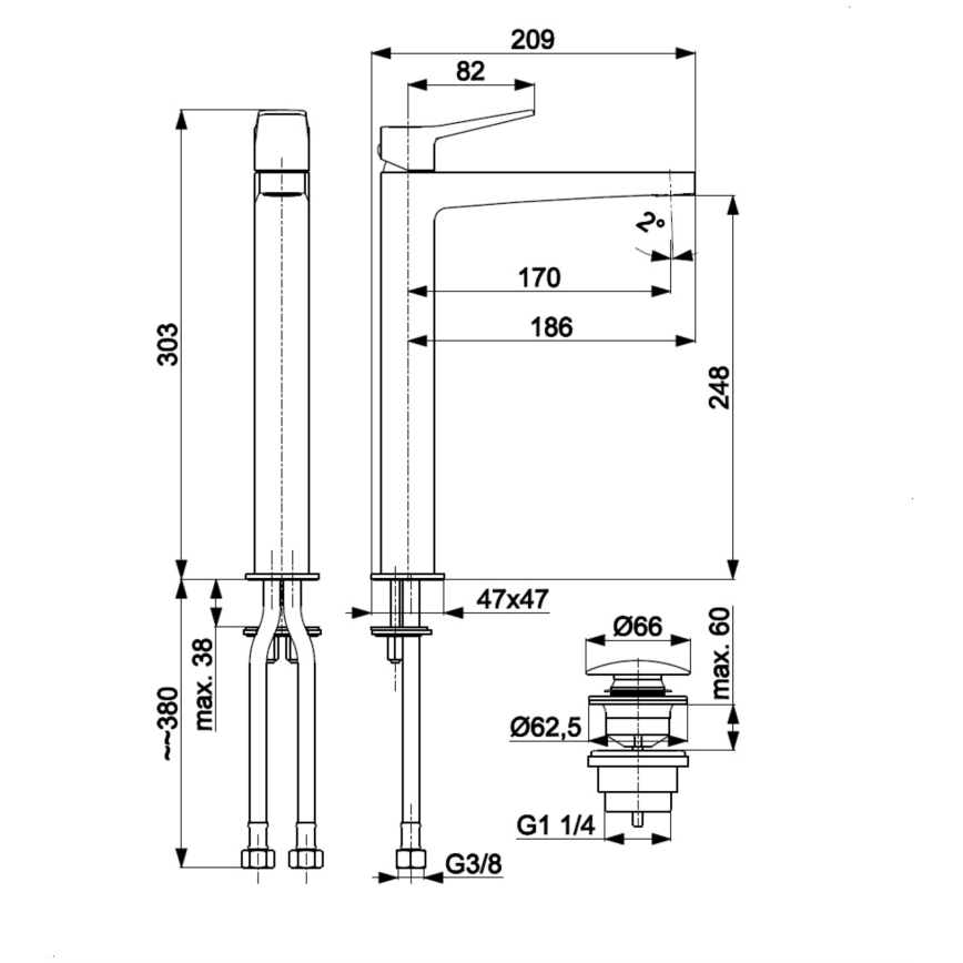 KFA Armatura 4522-712-61 - Slavina za umivaonik + odliv MALAGA 30,3 cm metalno siva