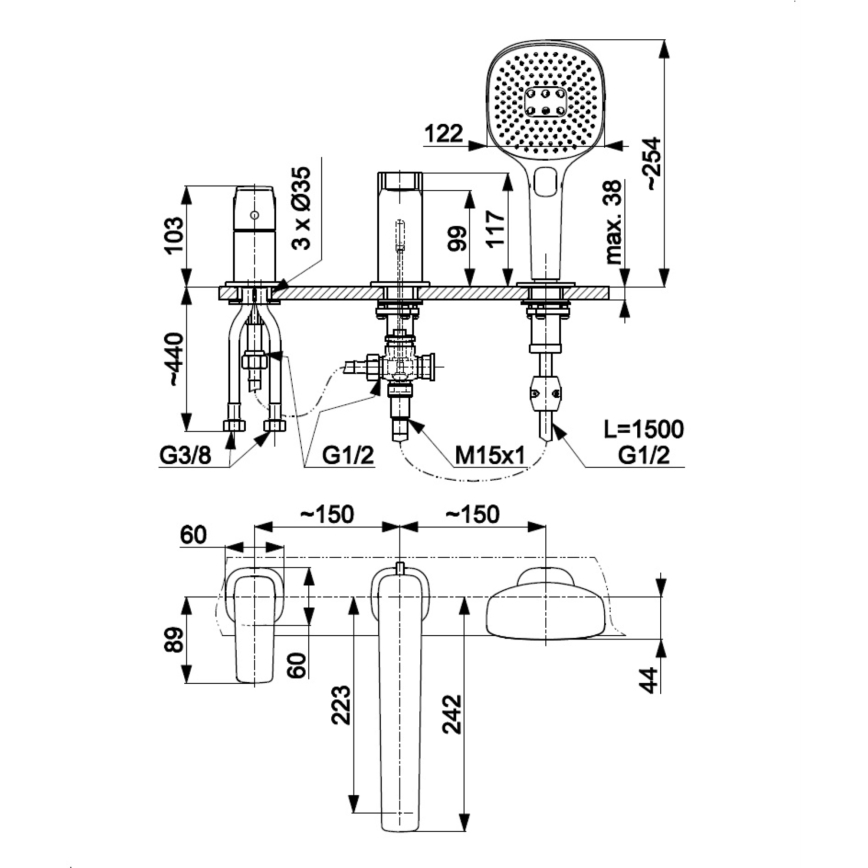 KFA Armatura 4525-210-81 - 3-otvorna baterija za kadu MALAGA crna