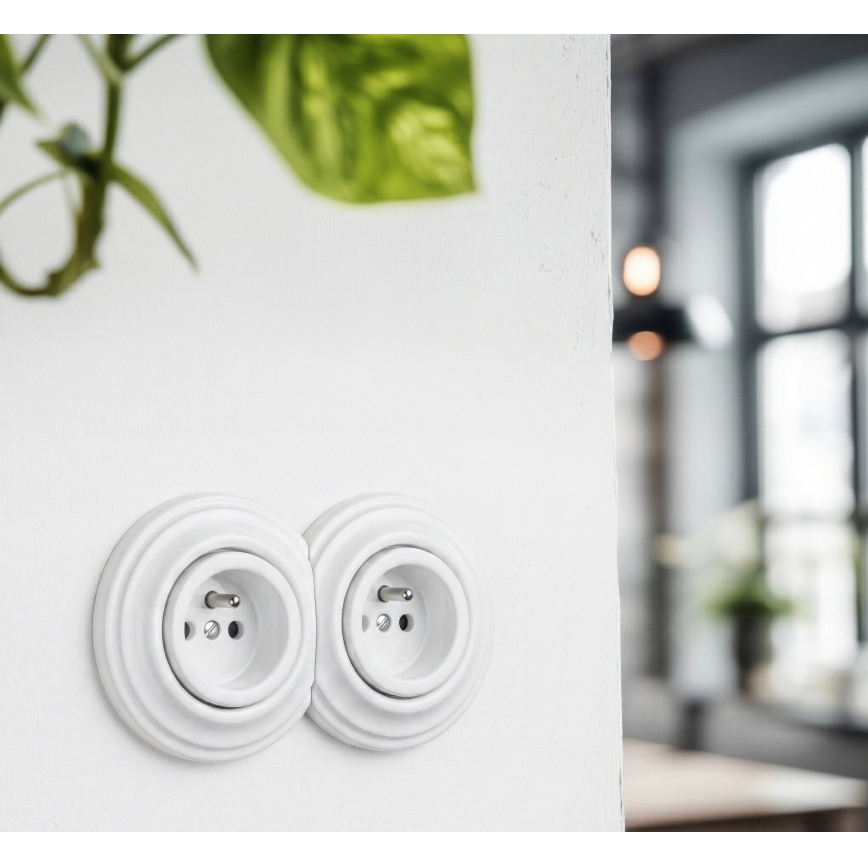 Kliklap - Dupla retro kućna utičnica sa ramom 230V snežno bela