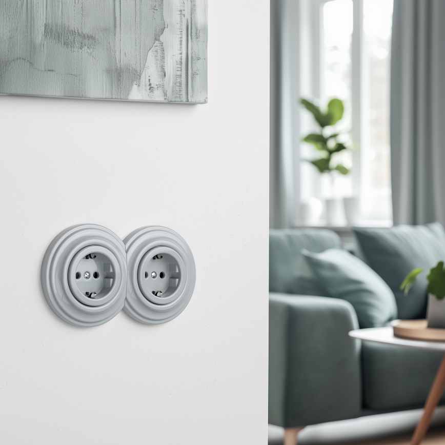 Kliklap - Dvostruka retro kućna utičnica sa okvirom SCHUKO 230V siva