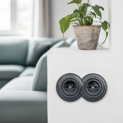 Kliklap - Dvostruka retro kućna utičnica sa ramom SCHUKO 230V antracit